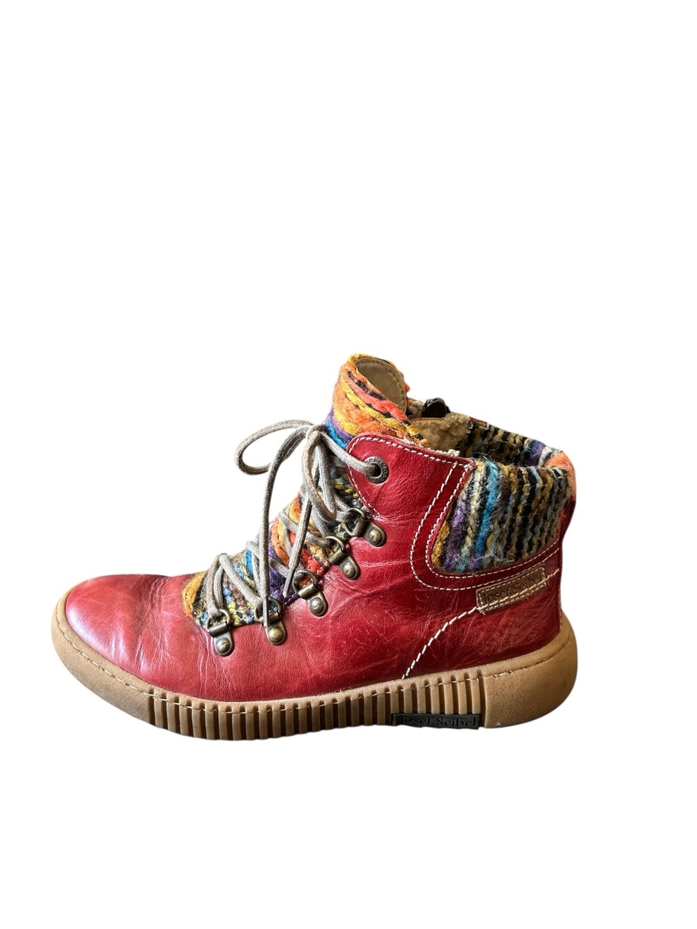 Josef Seibel Red Leather Ankle Boot with Multicolor Knit Collar